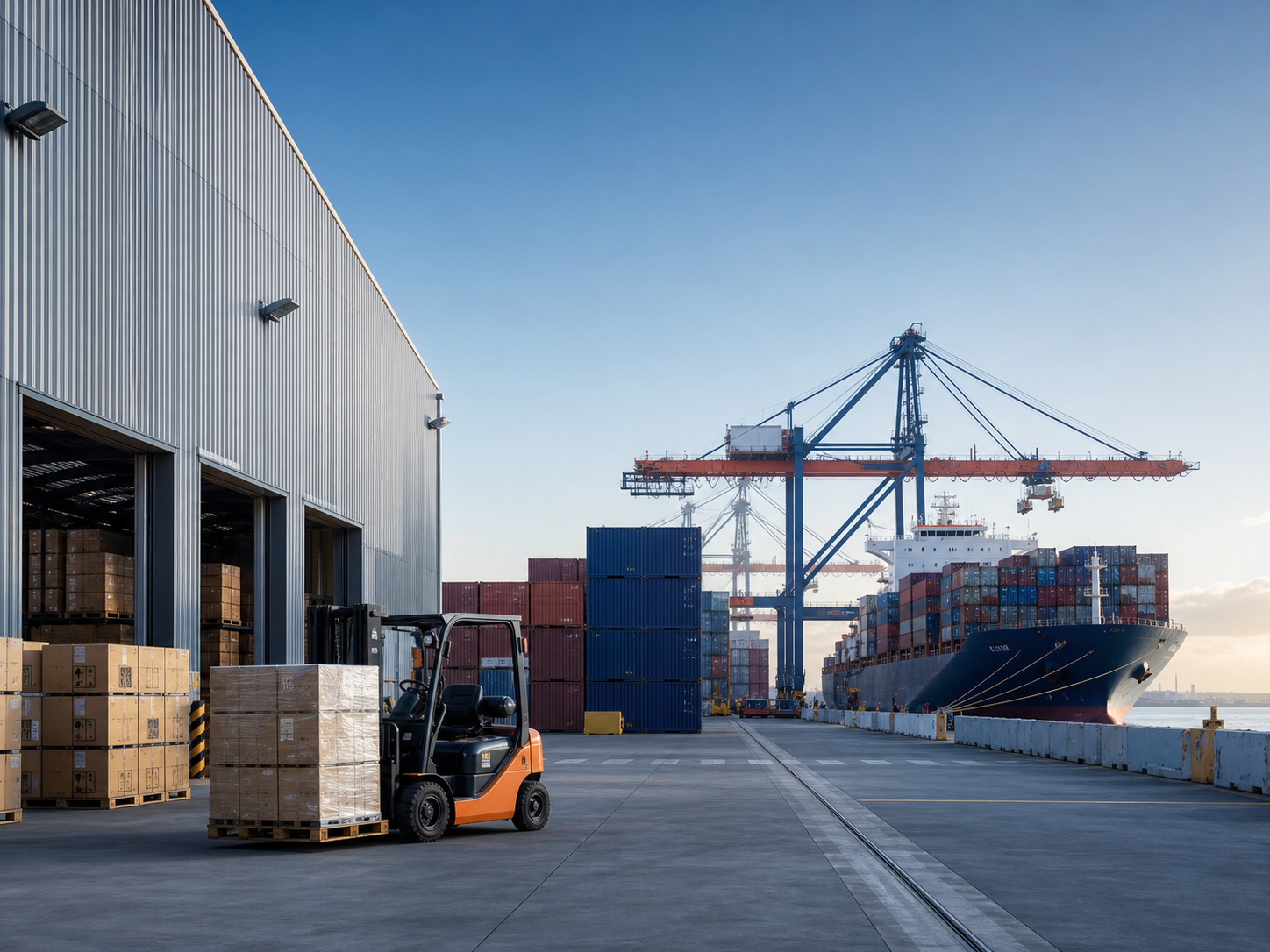 Container terminal, cargo ship and warehouse logistics operations