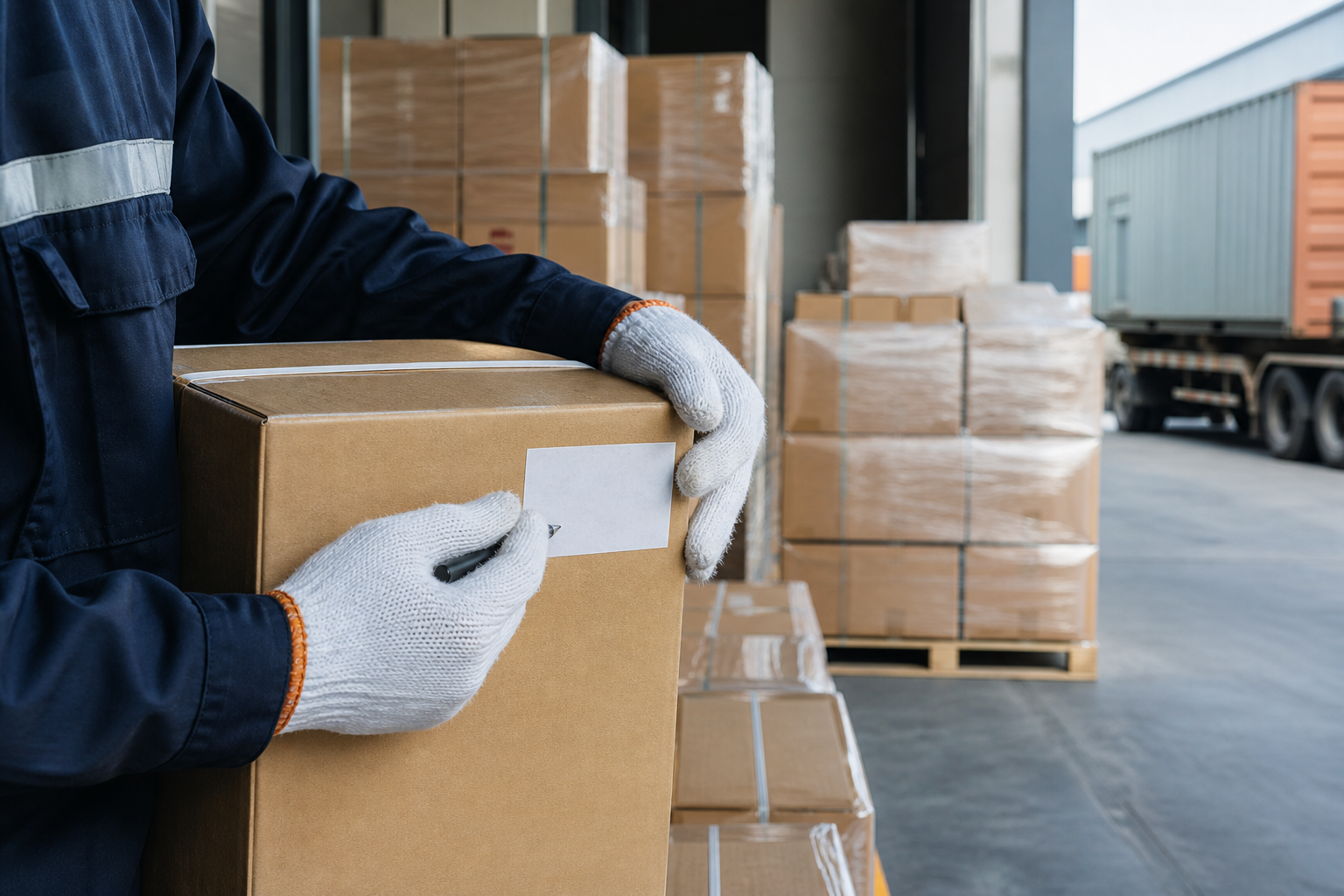 Warehouse worker checking an export carton before dispatch